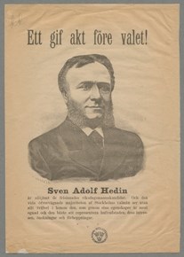 Politisk pamflett för riksdagskandidat Sven Adolf Hedin 1889