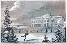 Stockholmska vinterbilder af K. A. Ekvall: En representation på isen af M:r Jackson Haines. Teckning i Ny Illustrerad Tidning, nr 4 den 26 januari 1867