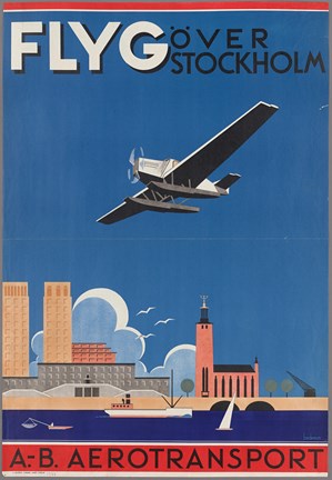 En affisch som föreställer ett flygplan som åker över, eller snarare i närheten av Stockholms stadshus. Kostnären heter Anders Beckman.