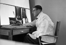Veterinärhögskolan. Laborator S.E. Olsson granskar röntgenfotografier på medicinska hudkliniken. Fotografierna föreställer diskbråck hos hundar