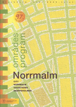Framsida områdesprogrammet med grön och svart text mot förenklad design av gatunät i grönt och gult