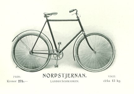 Tecknad bild av Nordstjernan herrcykel från Wiklunds velocipedfabrik
