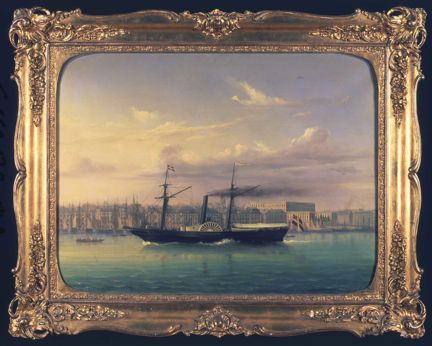 Oljemålning som visar ångfartyg vid Stockholms ström.