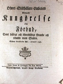 "Öfwer-Ståthållare-Embetets Förnyade Kungörelse och förbud, emot häftigt och öfwerdådigt körande och ridande inom staden" 1796