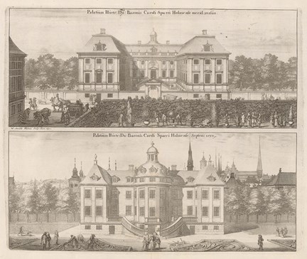 Karl Sparres palats i Stockholm mot söder och mot norr - gravyren är hämtad från Suecia antiqua et hodierna