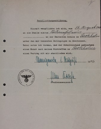 Anställningsbevis från Tyska skolan AB år 1941