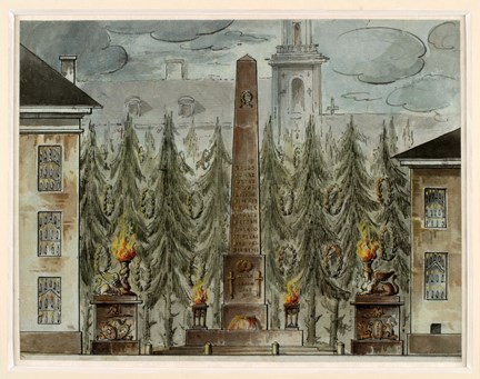 En obelisk, granar och ljusutsmyckning