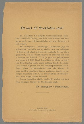 Bondetågets arrangörer funderar på bästa sättet att tacka Stockholms stad och stockholmarna för visad gästfrihet i samband med Bondetåget 1914.