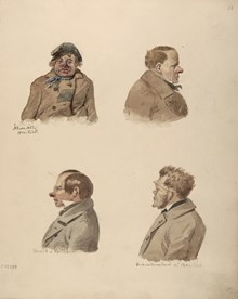 Fyra mansporträtt: Åkaredräng 1840-tal; Musikkritiker; Bokauktionskund på 1840-taletsamt ett mansporträtt i profil utan benämning.
