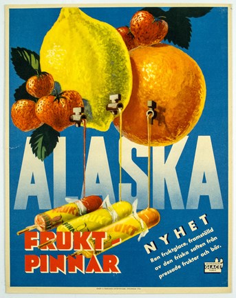 Reklamtryck i flera färger föreställade frukter som tappas på saft och blir glasspinnar samt text.
