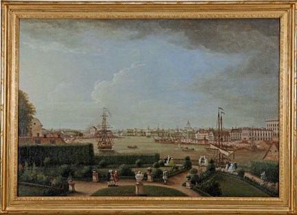 Utsikt från Fersenska terrassen mot Skeppsholmen och Södermalm 1777.