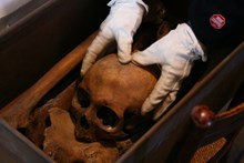 Kranium läggs tillbaka i kopparskrin. Gravöppning i Riddarholmskyrkan 2011