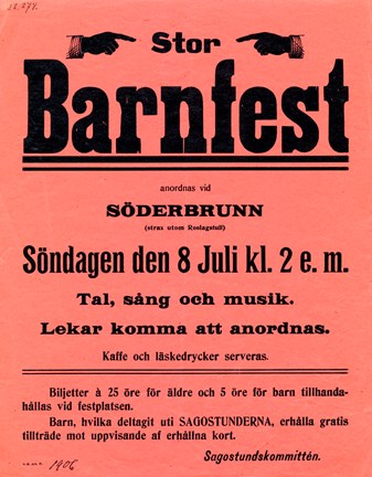 Affisch för Stockholms Sagostundskommittés stora Barnfest söndag 8 juli 1905