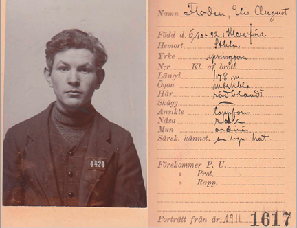 Elis August Flodin blir fotograferad av Stockholms kriminalpolis år 1911.