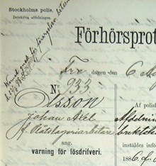 F.d. plåtslageriarbetaren Johan Axel Olsson, 28, varnad för lösdriveri 6 augusti 1886 - förhörsprotokoll