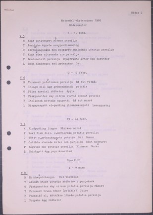 Maskinskriven skolmatsedel för Stockholms skolor 1968