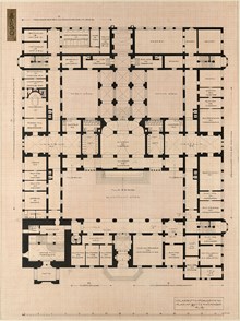 Ragnar Östbergs tävlingsförslag Rådhus ”Mälardrott” 1905, planritning bottenvåning