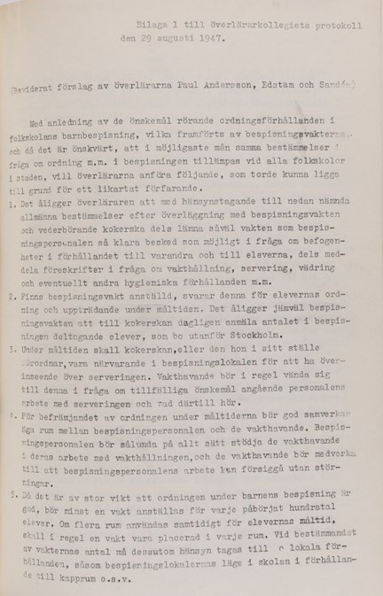 Ordningsbestämmelser i skolmatsalen 1947 - förslag från Överlärarkollegiet