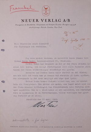 Brev med äskande om ekonomiskt stöd till Nelly Sachs år 1945