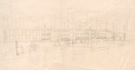 Perspektivskiss av radhusen i miljö utförd i blyerts på transparent papper
