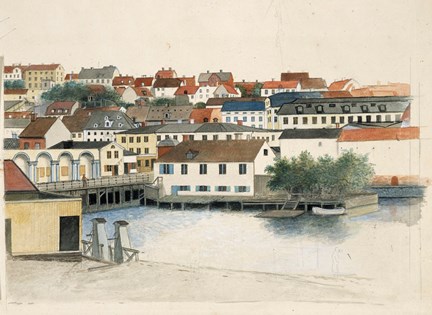 Akvarell från 1830-talet föreställande bebyggelse på Södermalm