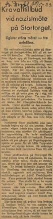 Artikel om kravalltillbud på Stortorget 1933, ur SVenska Dagbladet den 20 maj 1933.