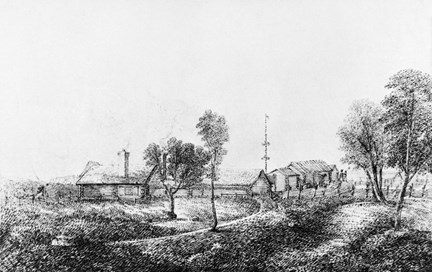 Hjulsta gård, Djurstad.
Pennteckning från år 1811 av Axel Fr. Cederholm.