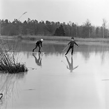 Pojkar spelar bandy på blankfrusen sjö