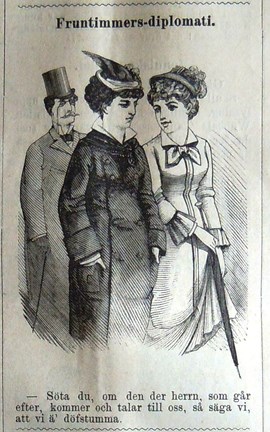 Fruntimmers-diplomati. Bildskämt i Söndags-Nisse – Illustreradt Veckoblad för Skämt, Humor och Satir, nr 46, den 17 november 1878