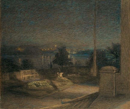 Prins Eugens kolteckning med krita skildrar utsikten mot Stockholms inlopp från slottsterrassen på Waldemarsudde i skymningen. 