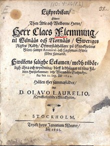 ”Likpredikan Öfwer Then Ädle och Welborne Herre Herr Claes Flemming /…/ Öfwerståthållare på Stockholms Slott” 1644 