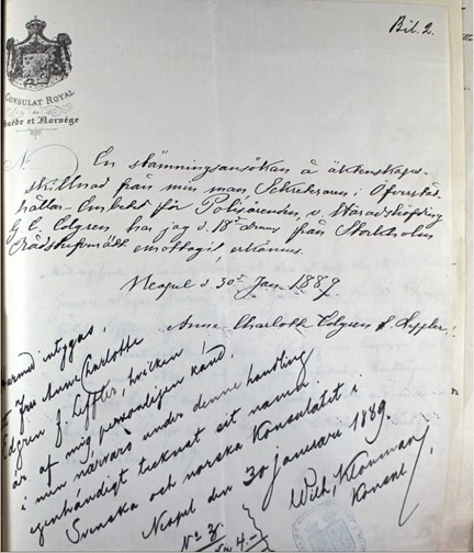 Anne Charlotte Leffler bekräftar stämningsansökan från maken Gustaf Edgren 1889 