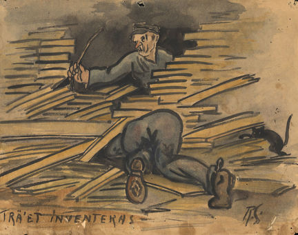 Teckning på varvspersonal på Mälarvarvet som inventerar trä. 