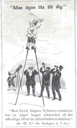 Allas ögon lita till dig. Bildskämt om Dagens Nyheter i Söndags-Nisse – Illustreradt Veckoblad för Skämt, Humor och Satir, nr 37, den 9 september 1866