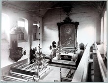 Interiör av Finska kyrkan från orgelläktaren mot altaret