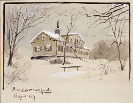 Målningen föreställer ett gammalt hus i snö.