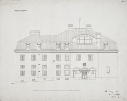 Ferdinand Bobergs ritning av Slottets fasad mot norr på Waldemarsudde från år 1903.