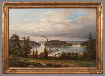 Oljemålning på duk, utsikt från Alvik in mot staden.