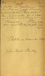 gulnad sida med handskriven text som säger att studerande Johan August Strindberg bor i Jakobs församling