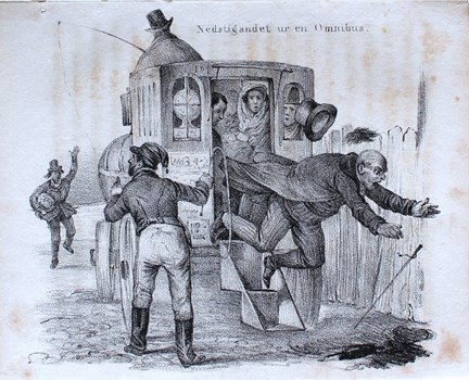"Hufvudstadens nöjen - Nedstigandet ur en Omnibus" (teckning 1841) 