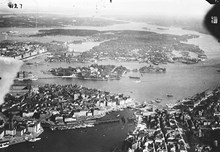 Flygbild över Gamla Stan och parti av Södermalm. Mot öster