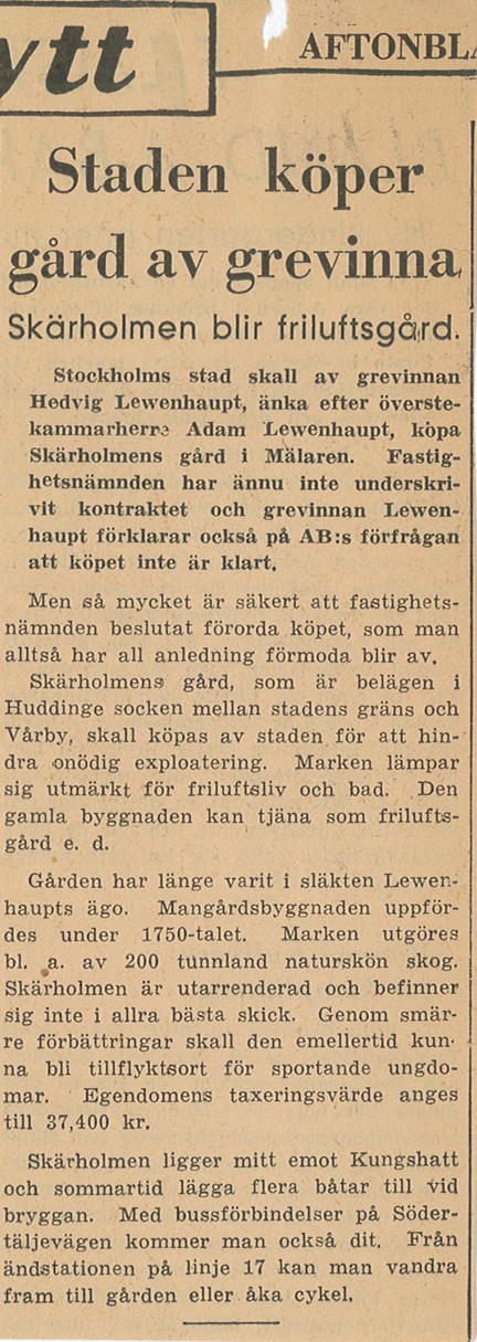 Skärholmens gård säljs till Stockholm 1945