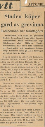 Artikel ur Aftonbladet 1945: Staden köper gård av grevinna. Skärholmen blir friluftsgård.