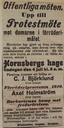 "Barbarernas kamp mot fredsrörelsen" - upprop till protestmöte 1916.