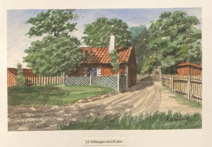 Målning i vattenfärg av stuga, staket och små förråd