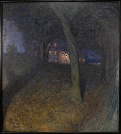 Nattligt motiv på Skeppsholmen med ett hus mellan träden. Det lyser från fönstren