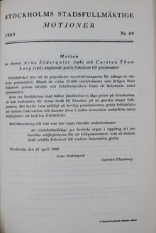 Motion angående gratis fiskekort till pensionärer - Stadsfullmäktige 1969 