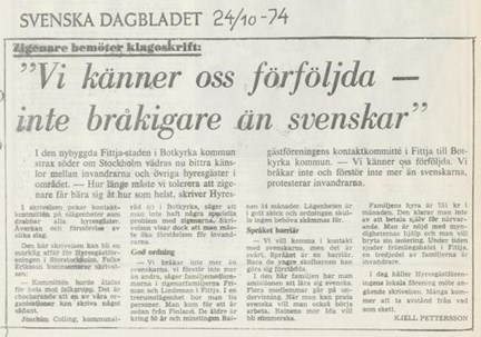 Artikel om romers utsatthet i Fittja, ur Svenska Dagbladet den 24 oktober 1974.