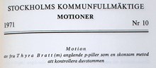 Motion angående p-piller som en skonsam metod att kontrollera duvstammen - Stadsfullmäktige 1971