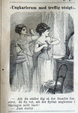 ”Ungkarlsrum med treflig utsigt”. Bildskämt i Söndags-Nisse – Illustreradt Veckoblad för Skämt, Humor och Satir, nr 40, den 6 oktober 1878